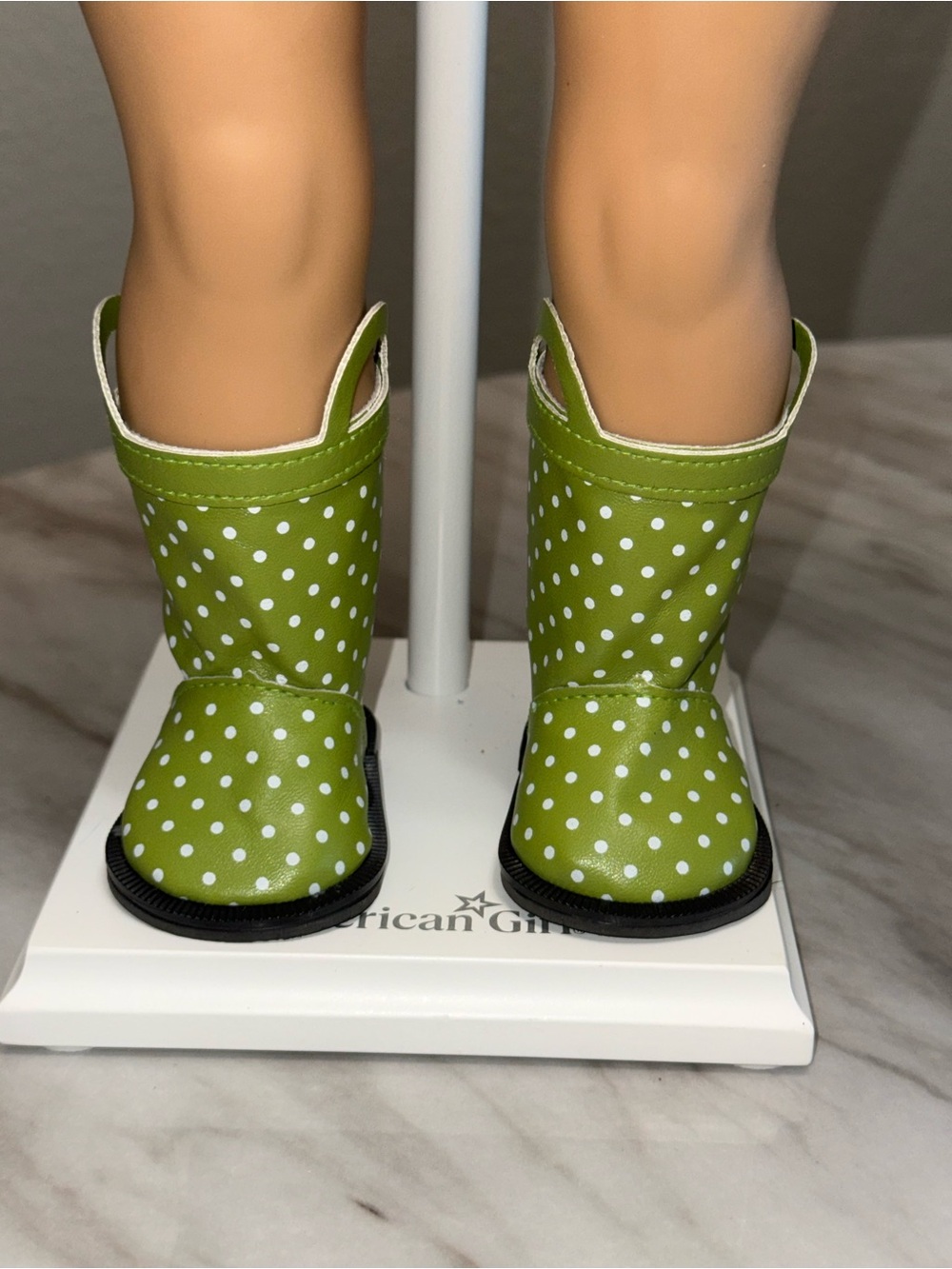 18” doll spring green polka dot white rain boots